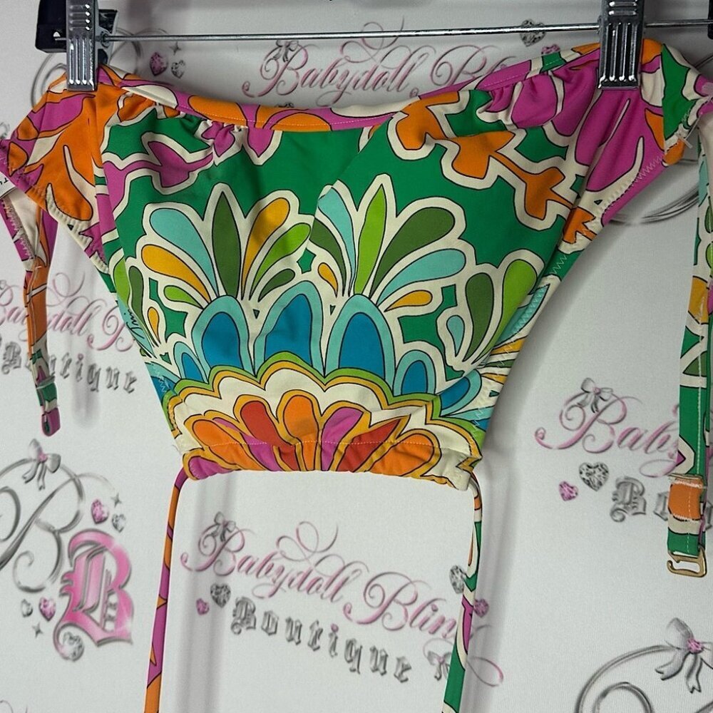 Trina Turk bikini top halter mock neck luxe Colorful Floral Bikini Top gold